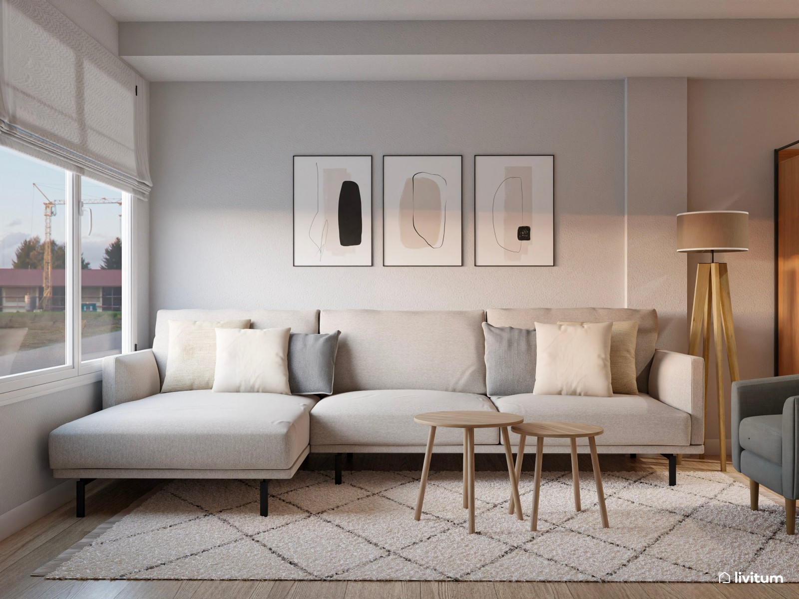 Salón comedor moderno con cocina abierta y separador de ambientes