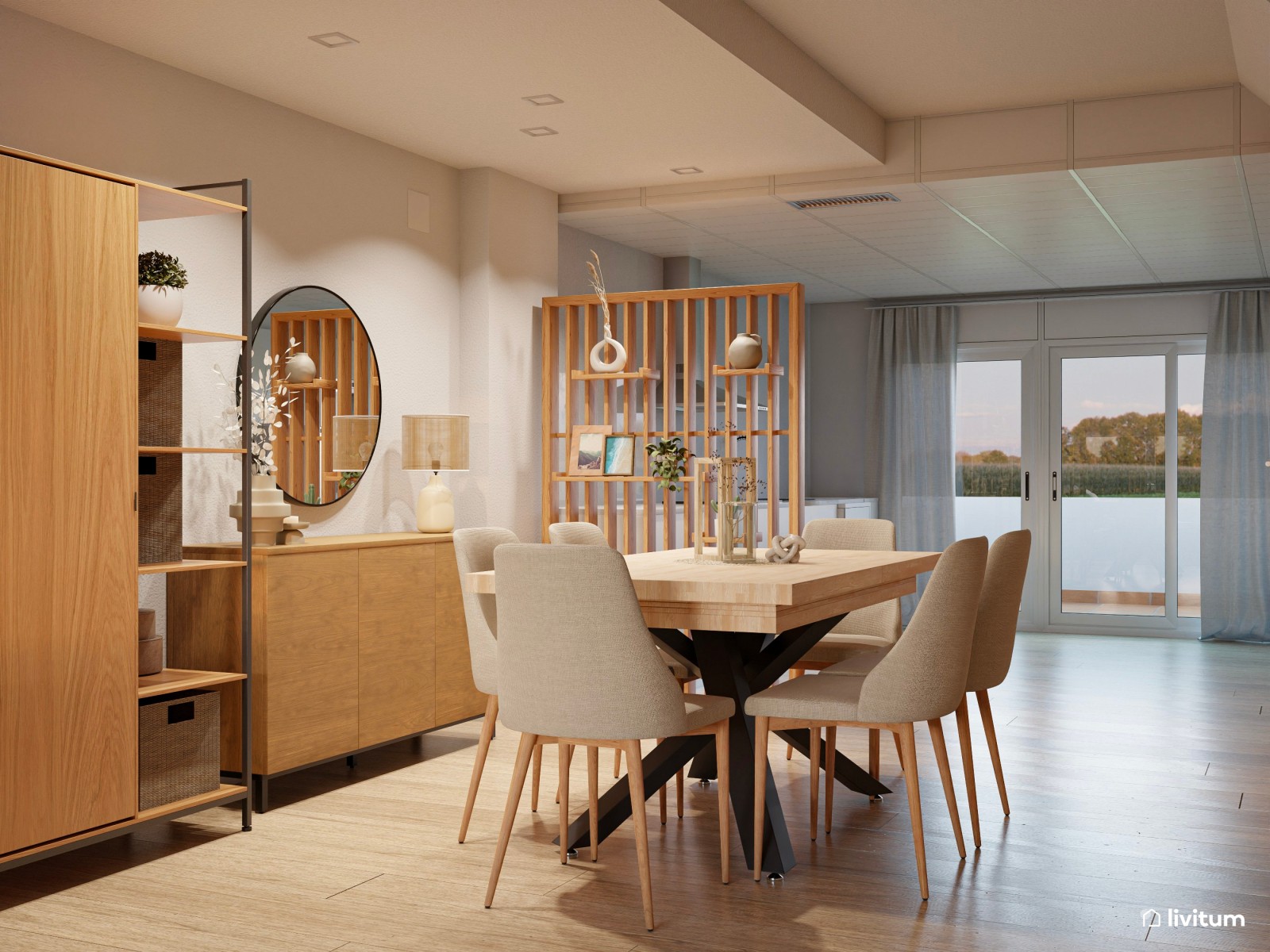 Salón comedor moderno con cocina abierta y separador de ambientes
