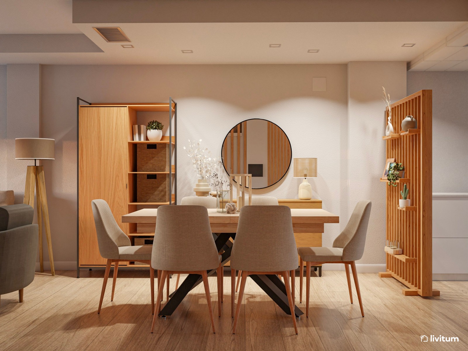 Salón comedor moderno con cocina abierta y separador de ambientes