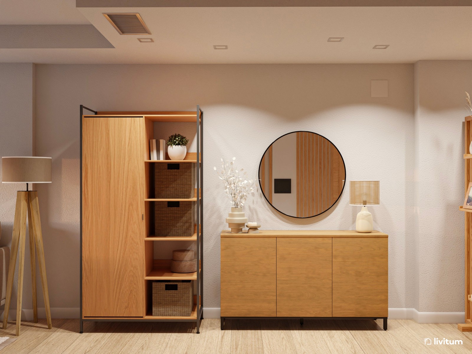 Salón comedor moderno con cocina abierta y separador de ambientes