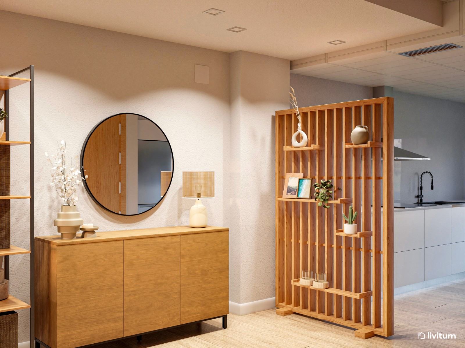 Salón comedor moderno con cocina abierta y separador de ambientes