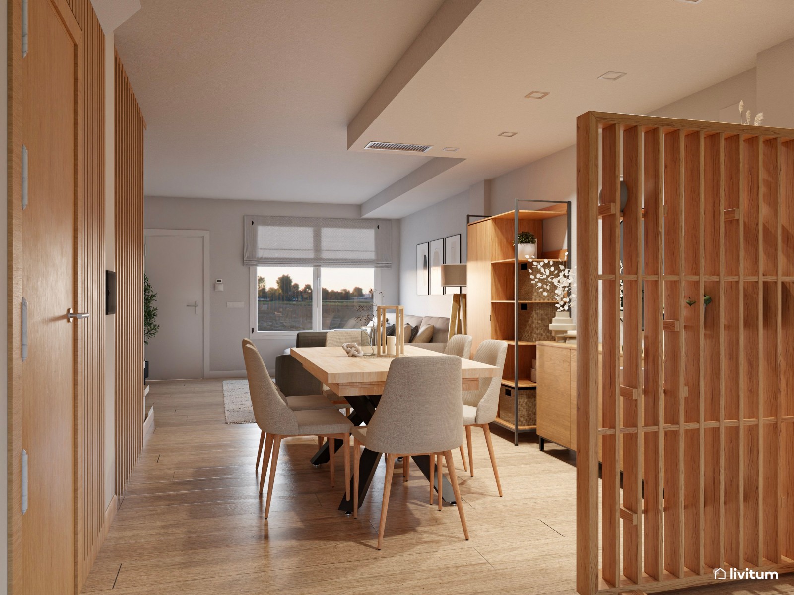 Salón comedor moderno con cocina abierta y separador de ambientes