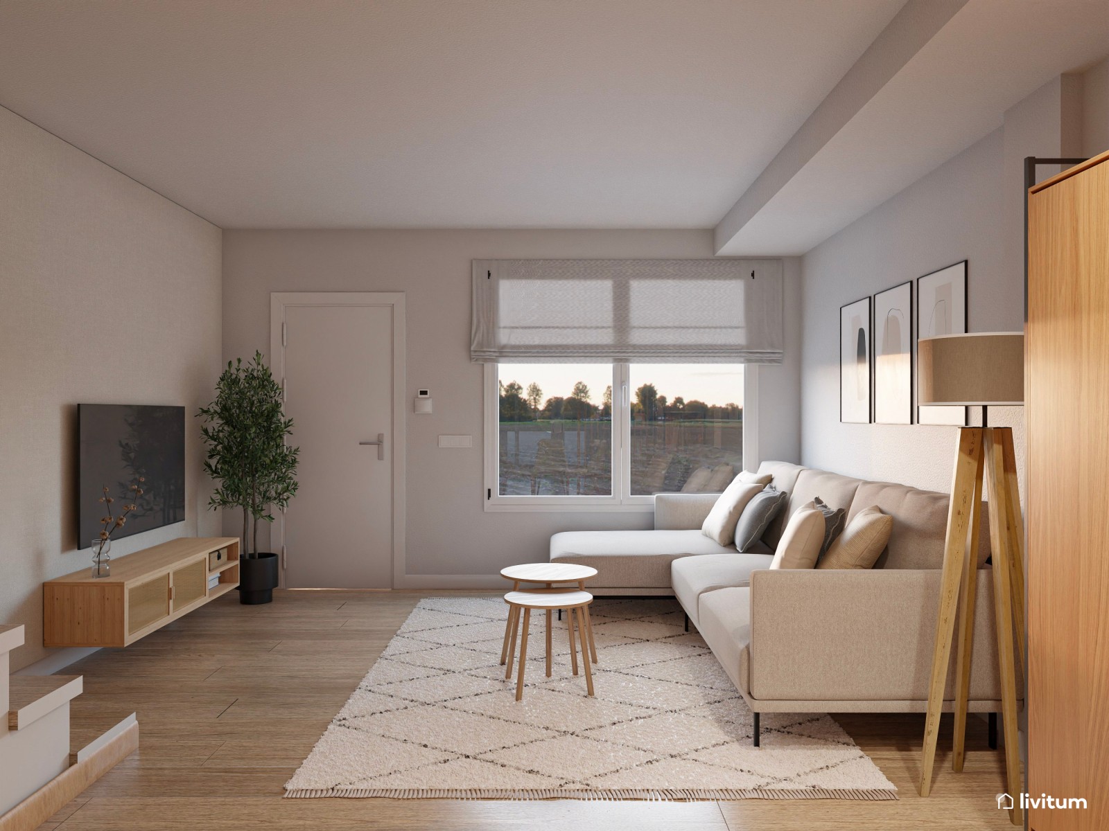 Salón comedor moderno con cocina abierta y separador de ambientes