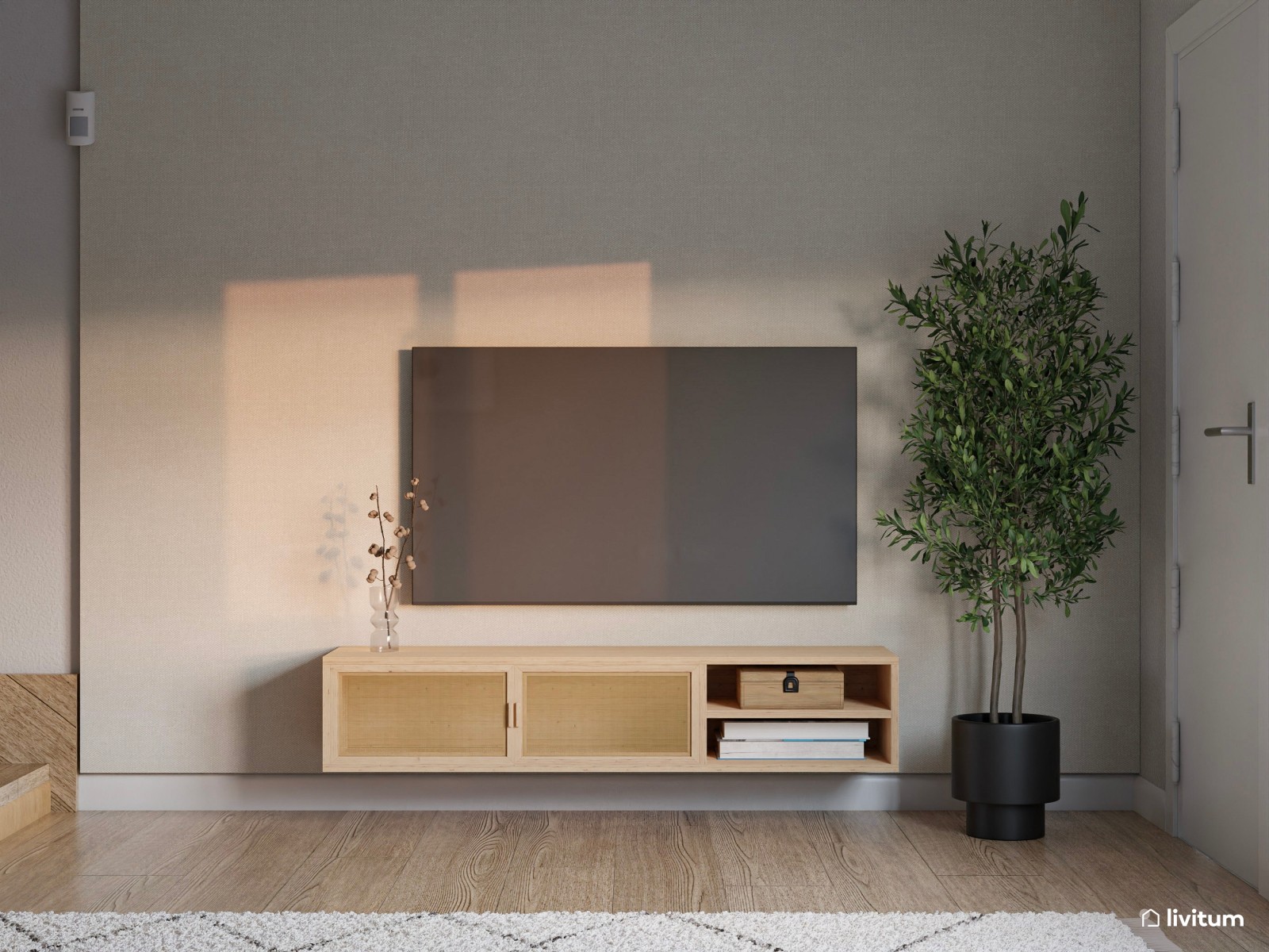 Salón comedor moderno con cocina abierta y separador de ambientes