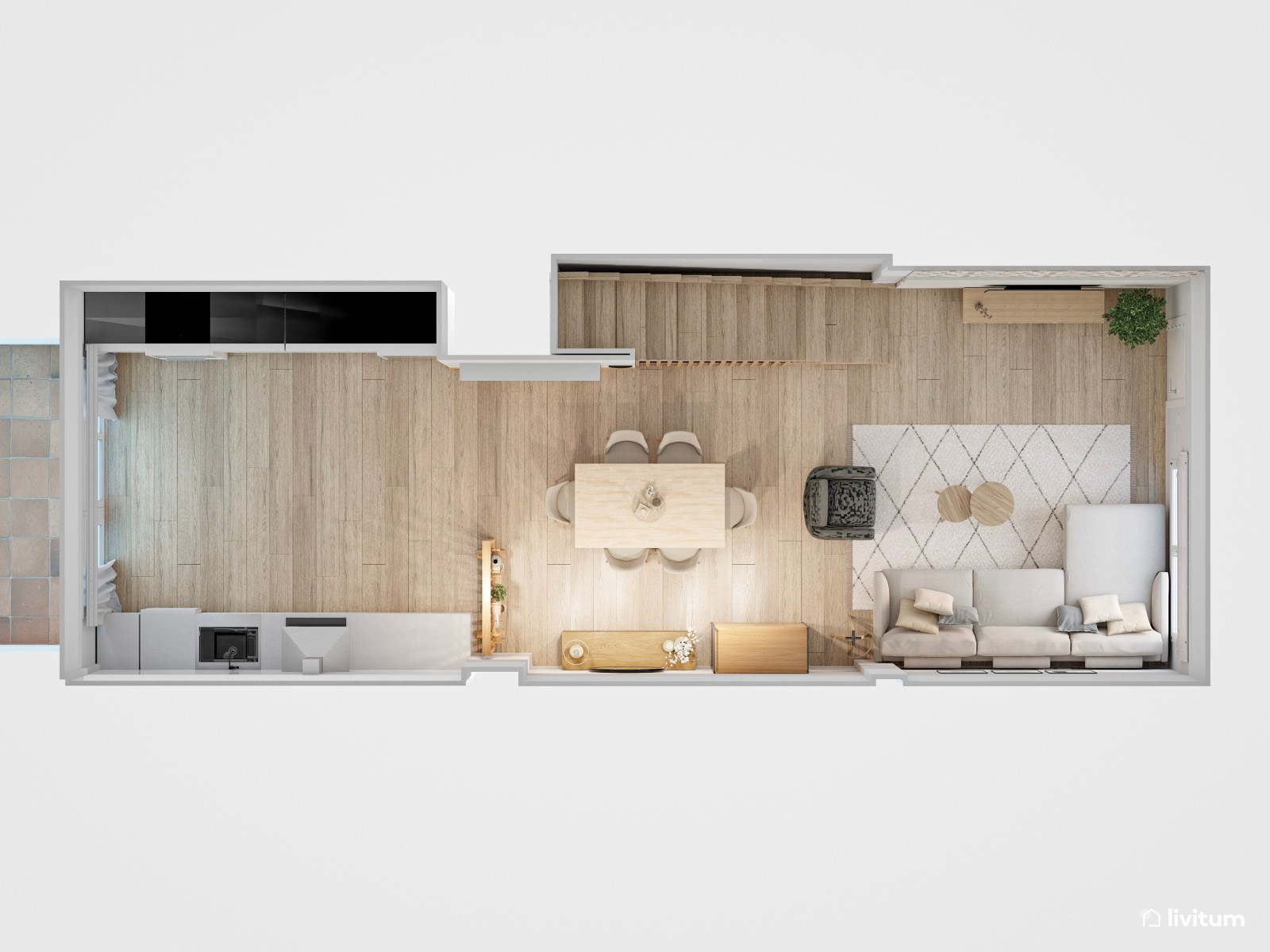 Salón comedor moderno con cocina abierta y separador de ambientes