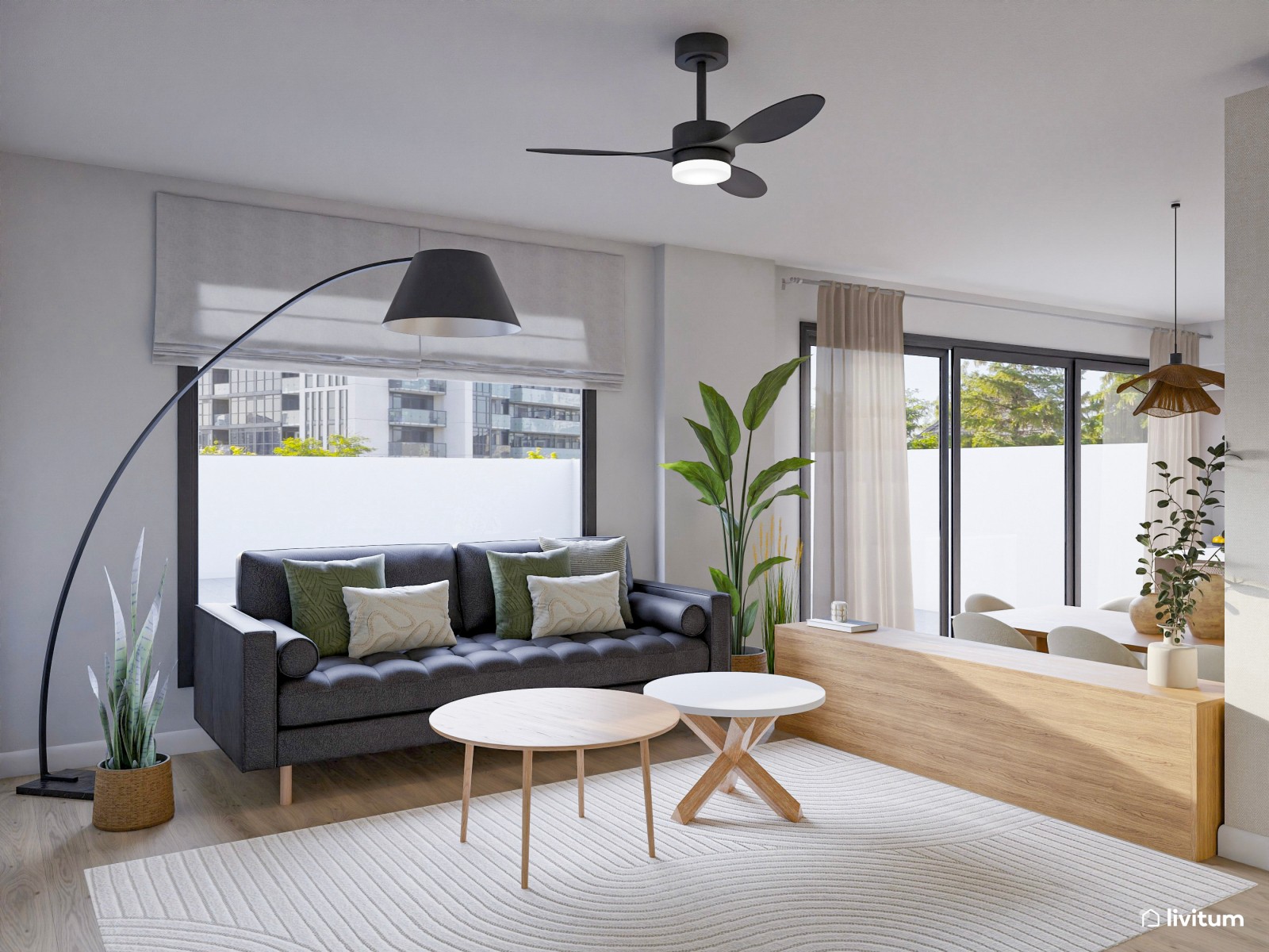  Salón comedor moderno con detalles naturales y cocina integrada 