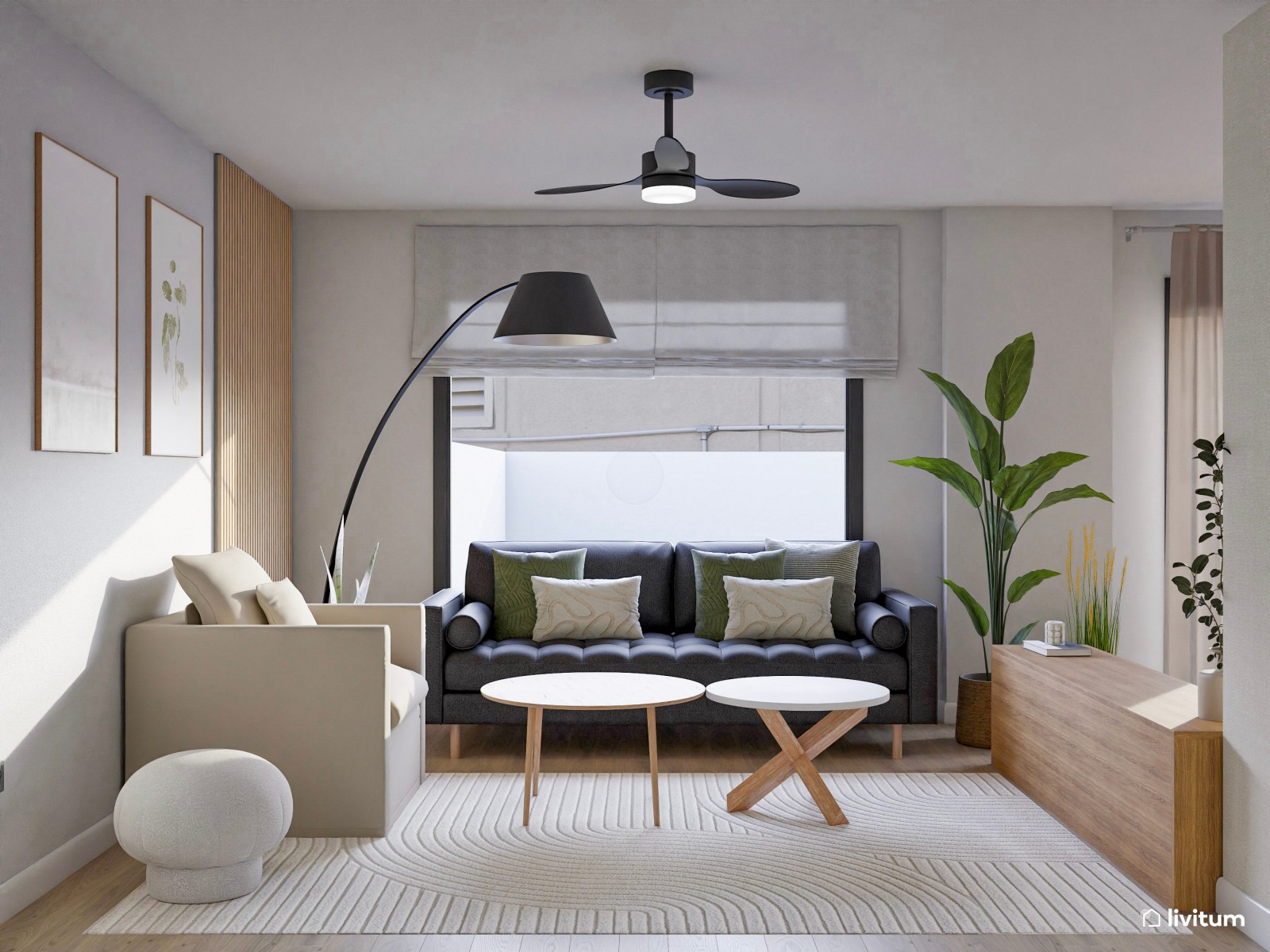  Salón comedor moderno con detalles naturales y cocina integrada 