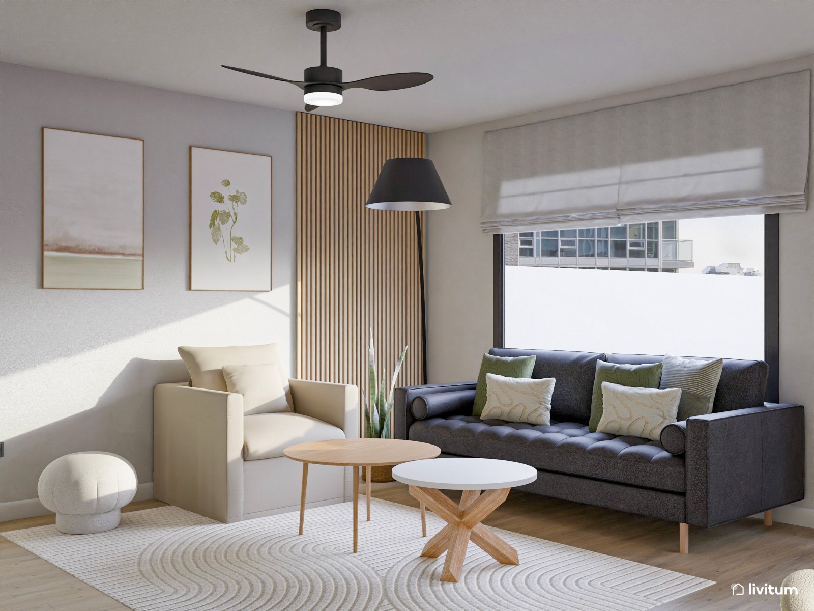  Salón comedor moderno con detalles naturales y cocina integrada 