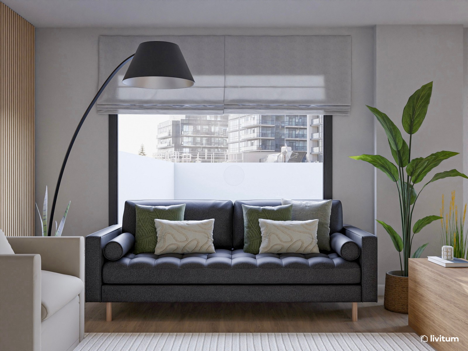  Salón comedor moderno con detalles naturales y cocina integrada 