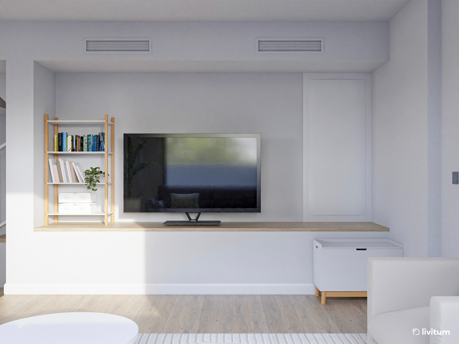  Salón comedor moderno con detalles naturales y cocina integrada 