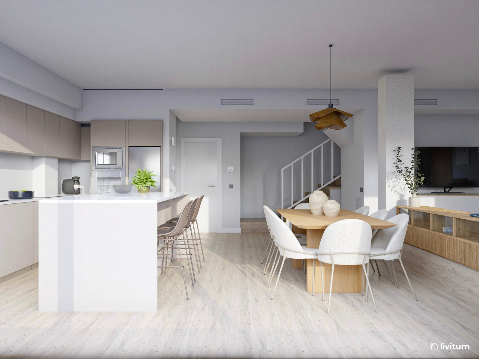  Salón comedor moderno con detalles naturales y cocina integrada 
