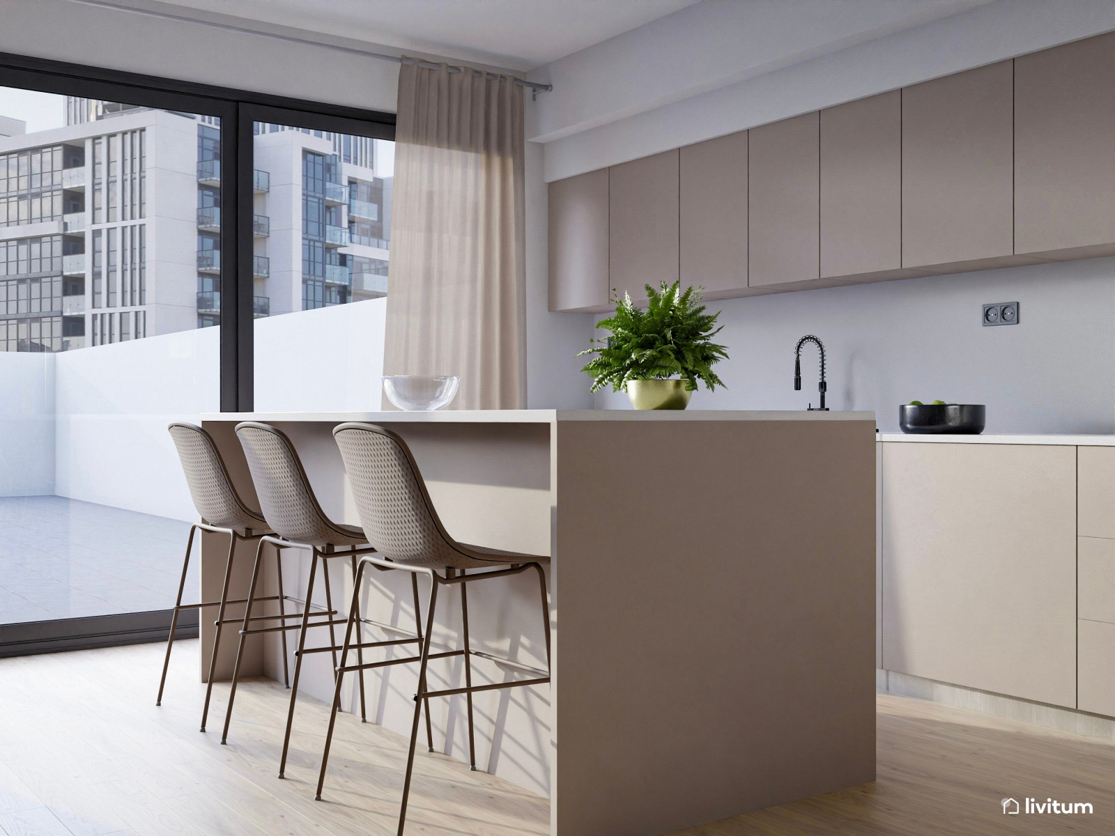  Salón comedor moderno con detalles naturales y cocina integrada 