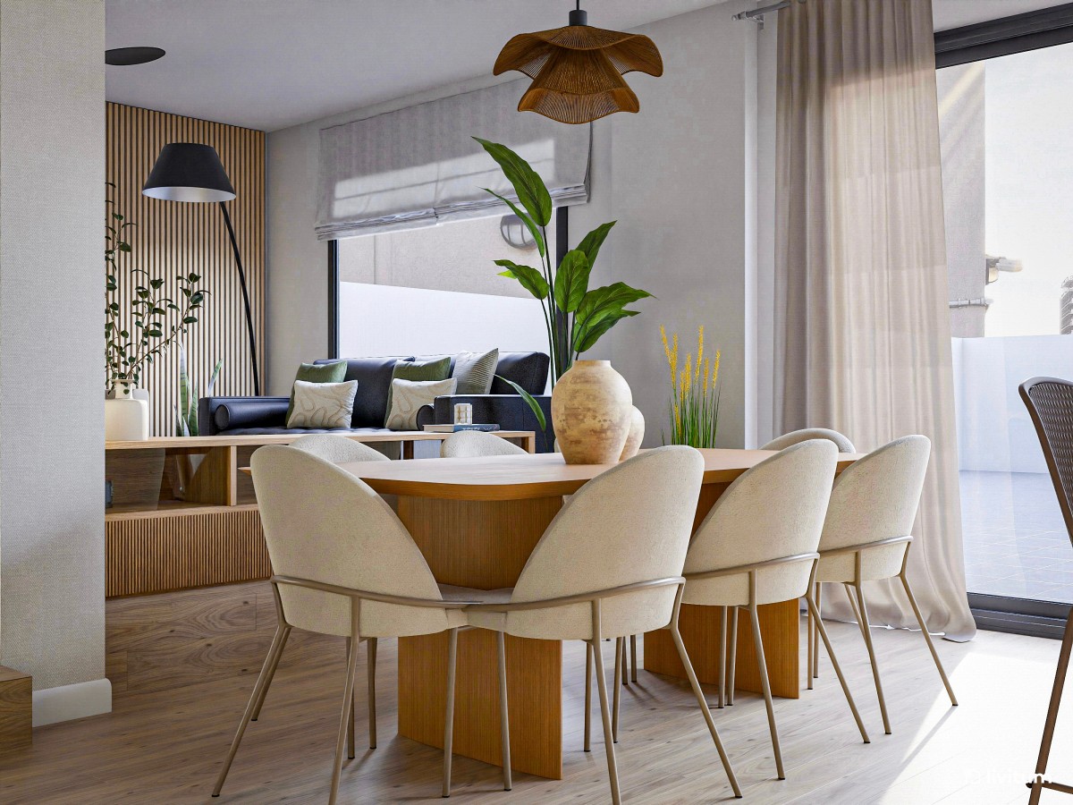 Salón comedor moderno con detalles naturales y cocina integrada