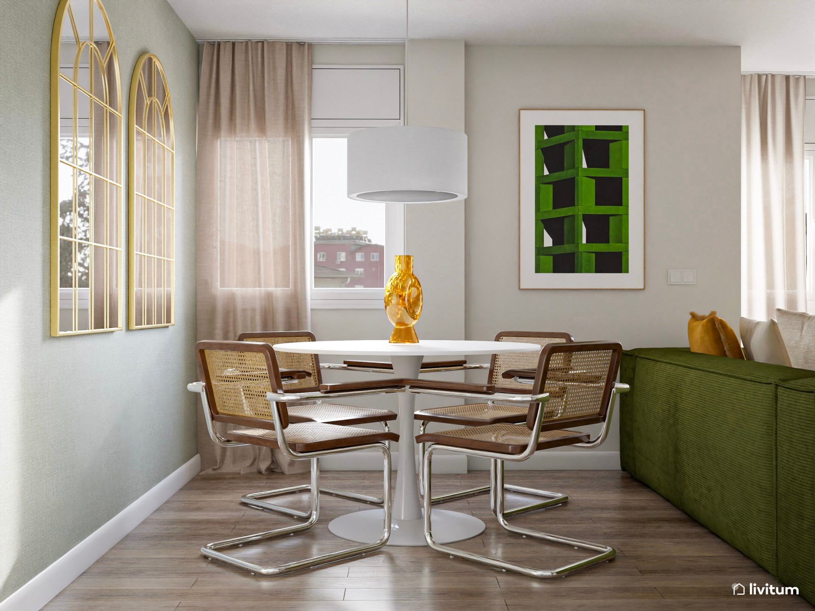 Salón comedor moderno con detalles retro y color verde