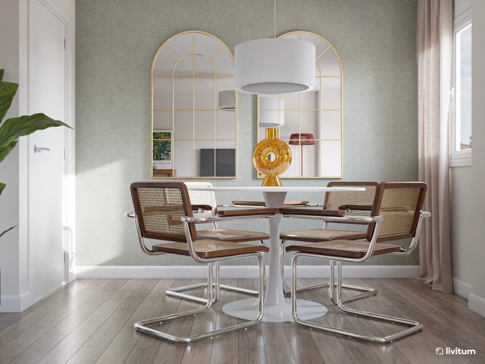 Salón comedor moderno con detalles retro y color verde