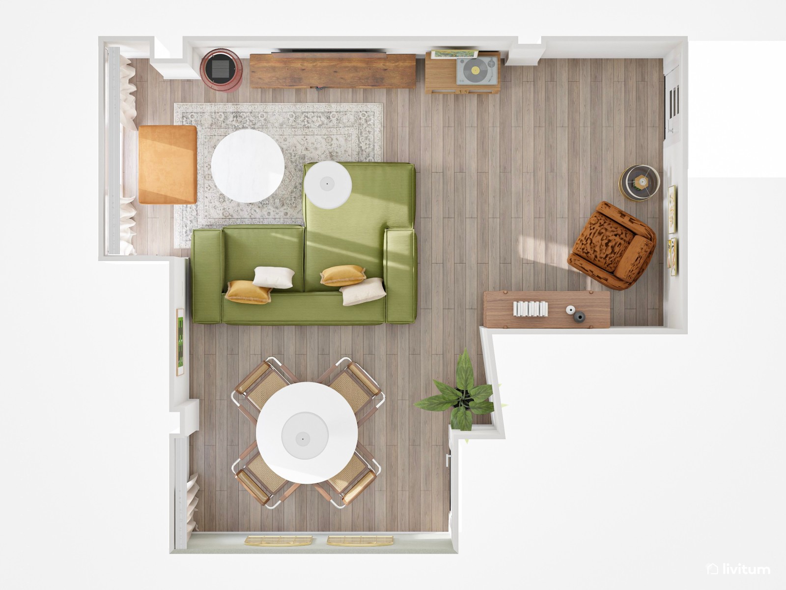 Salón comedor moderno con detalles retro y color verde