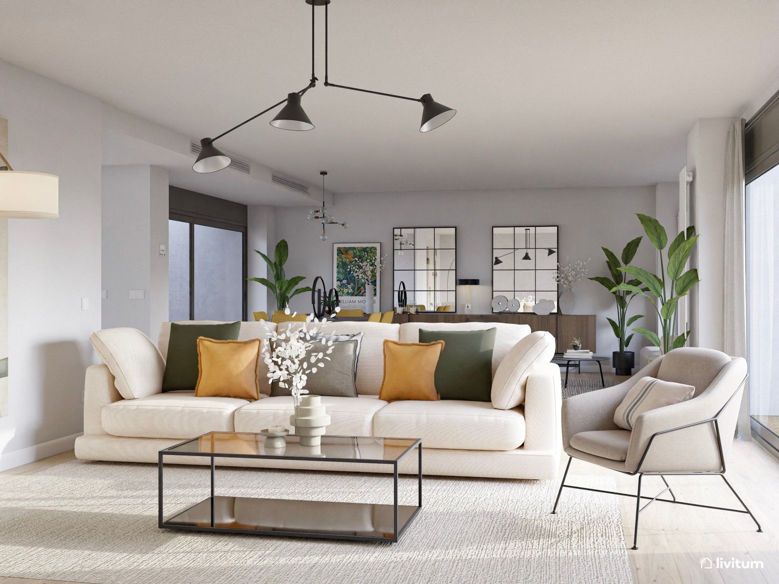 Salón comedor moderno con dos zonas de descanso en madera de nogal y detalles mostaza