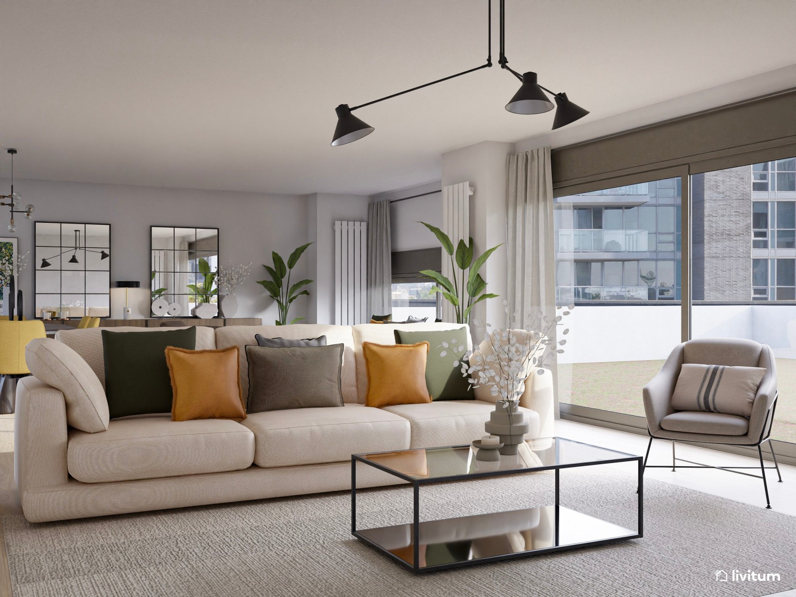 Salón comedor moderno con dos zonas de descanso en madera de nogal y detalles mostaza