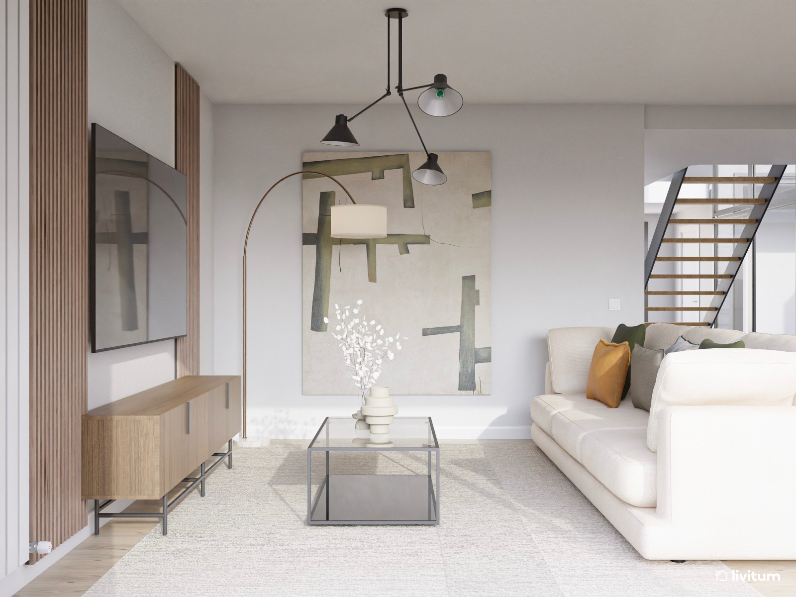 Salón comedor moderno con dos zonas de descanso en madera de nogal y detalles mostaza