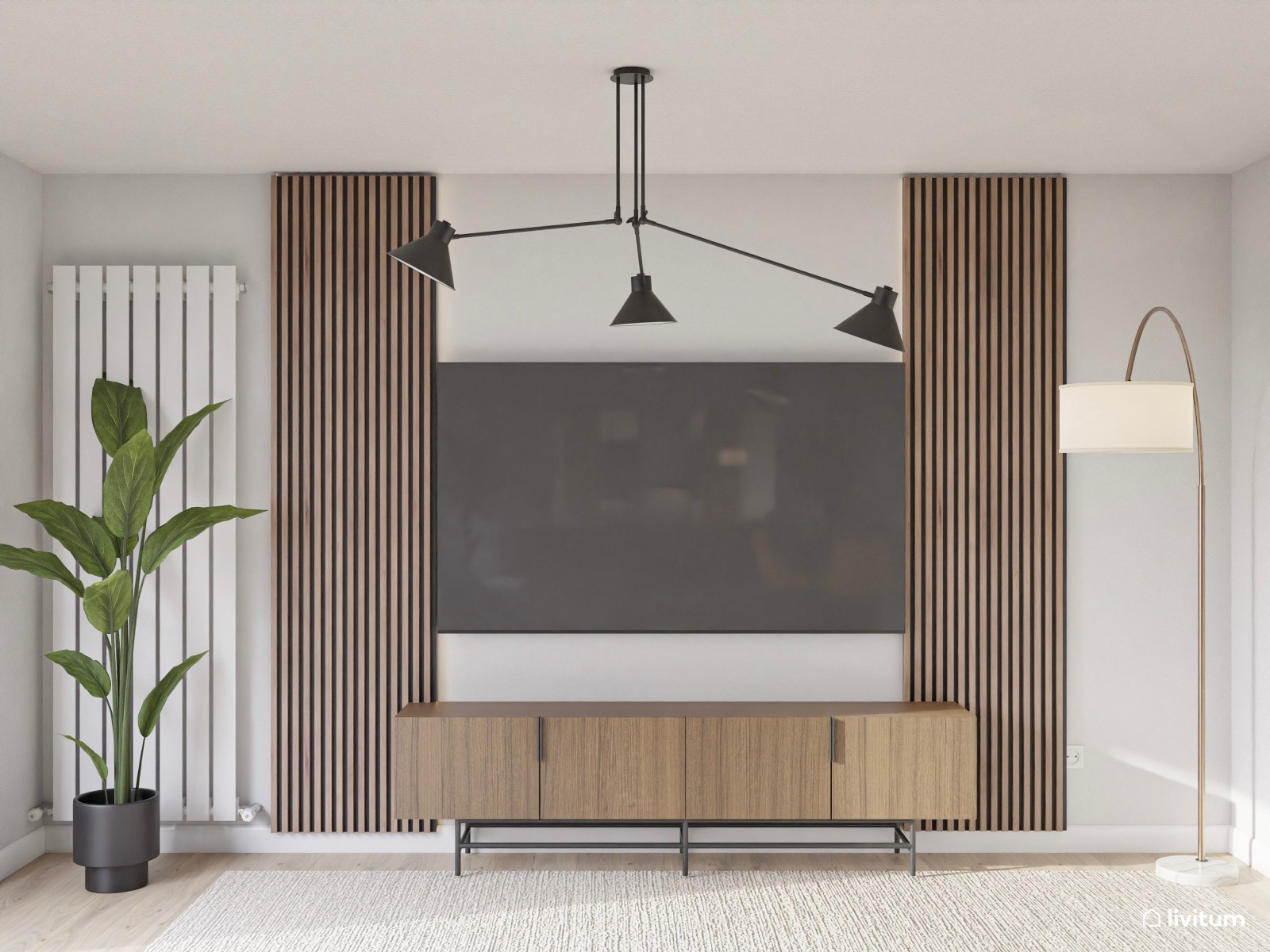 Salón comedor moderno con dos zonas de descanso en madera de nogal y detalles mostaza