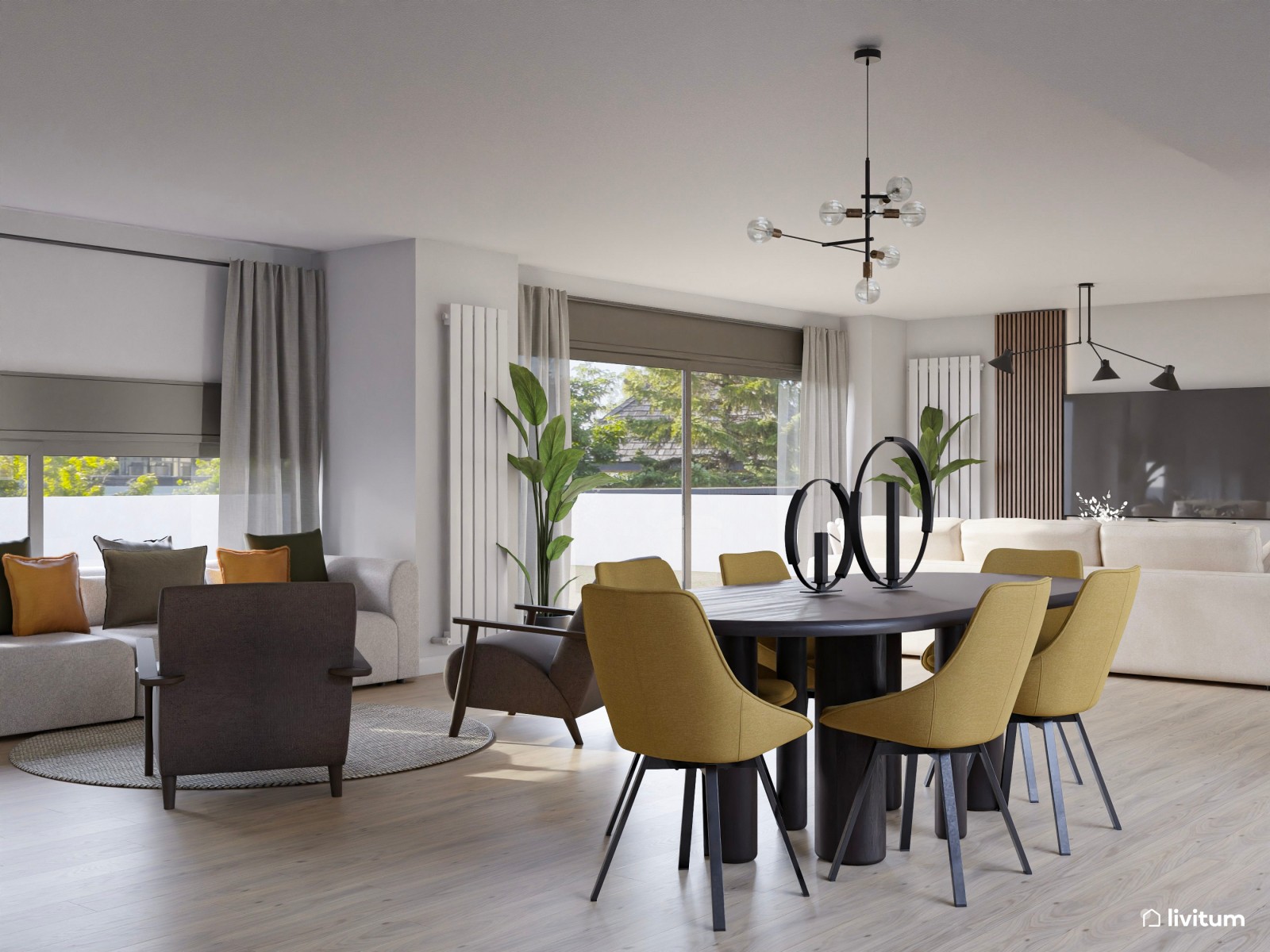 Salón comedor moderno con dos zonas de descanso en madera de nogal y detalles mostaza