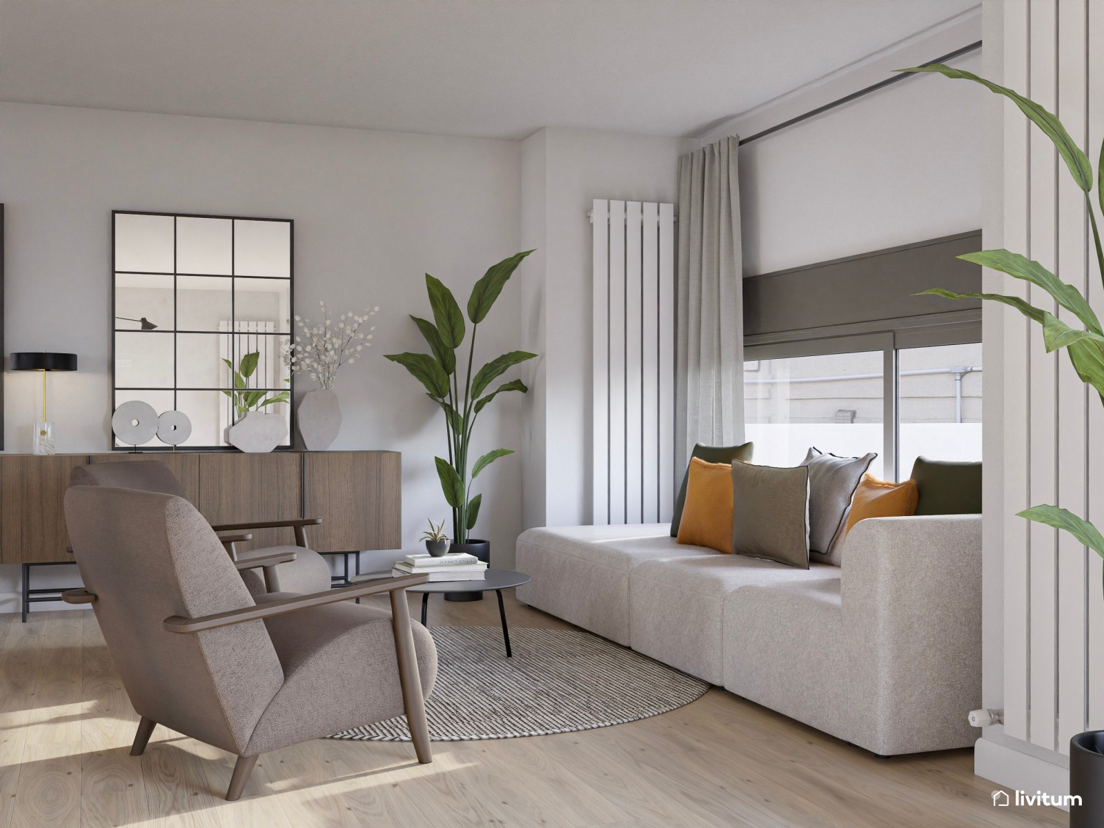 Salón comedor moderno con dos zonas de descanso en madera de nogal y detalles mostaza