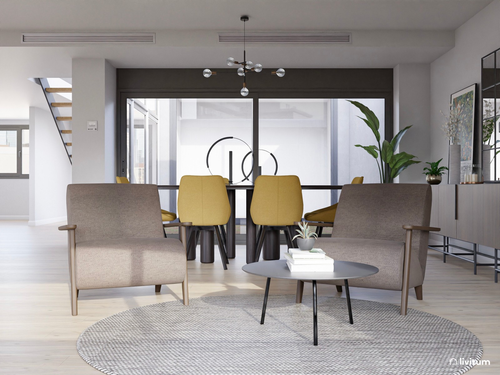 Salón comedor moderno con dos zonas de descanso en madera de nogal y detalles mostaza