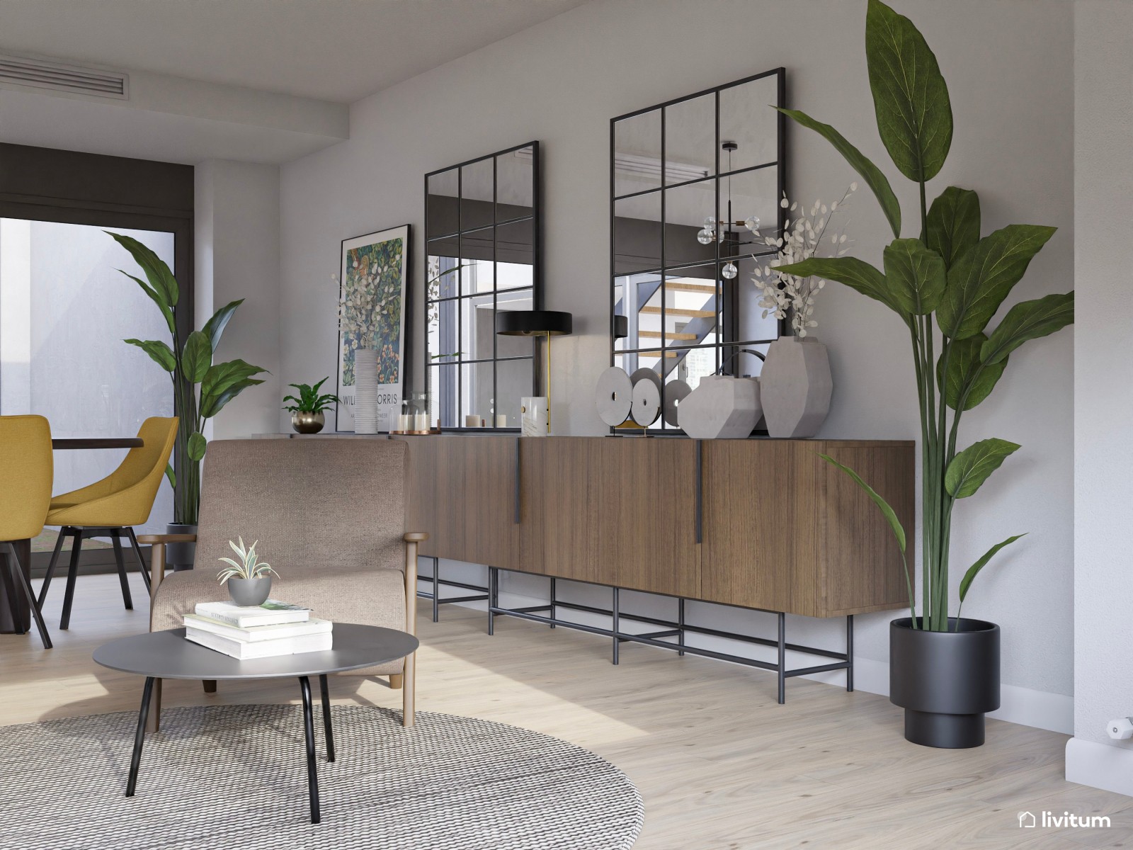 Salón comedor moderno con dos zonas de descanso en madera de nogal y detalles mostaza