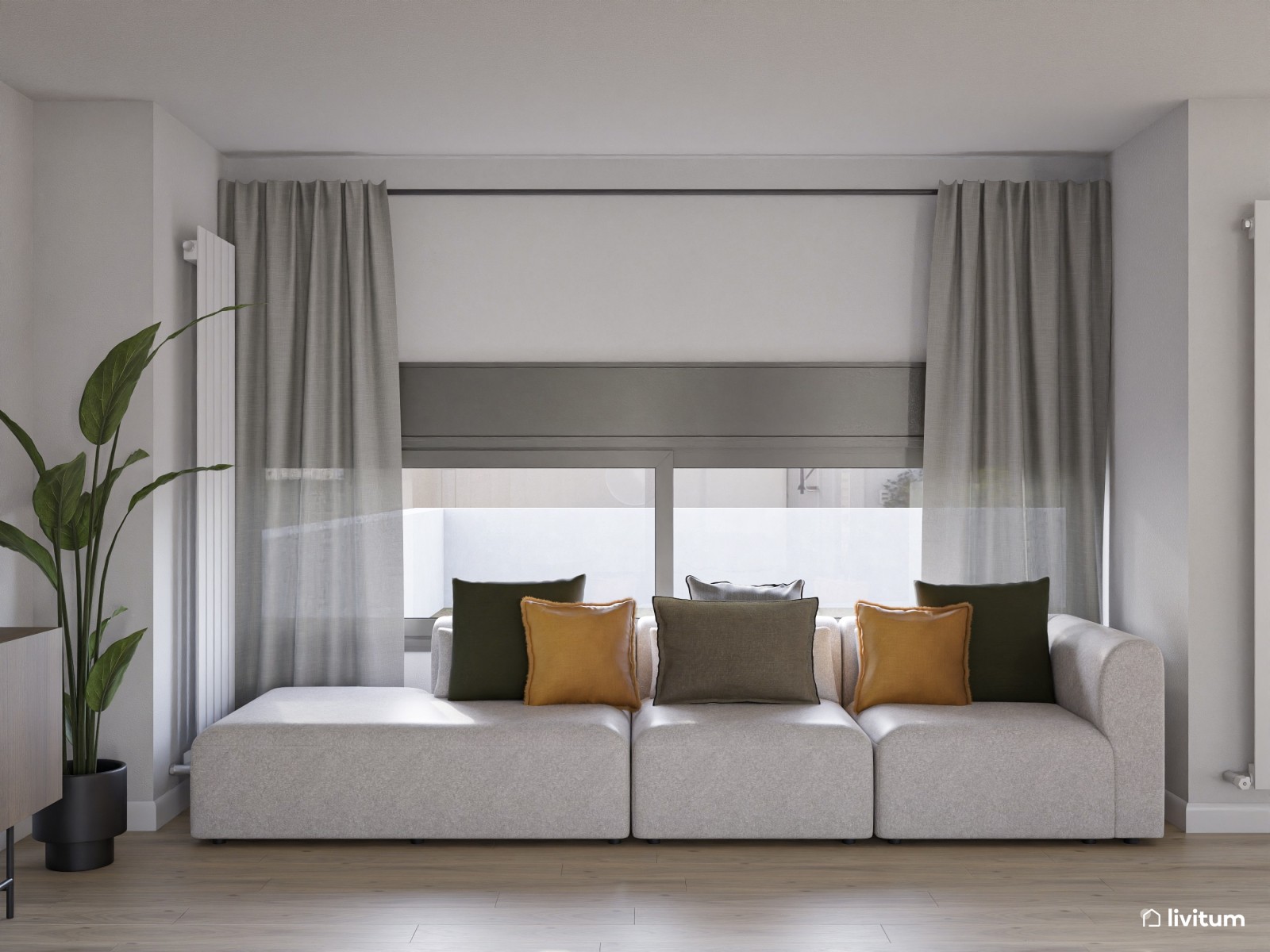 Salón comedor moderno con dos zonas de descanso en madera de nogal y detalles mostaza