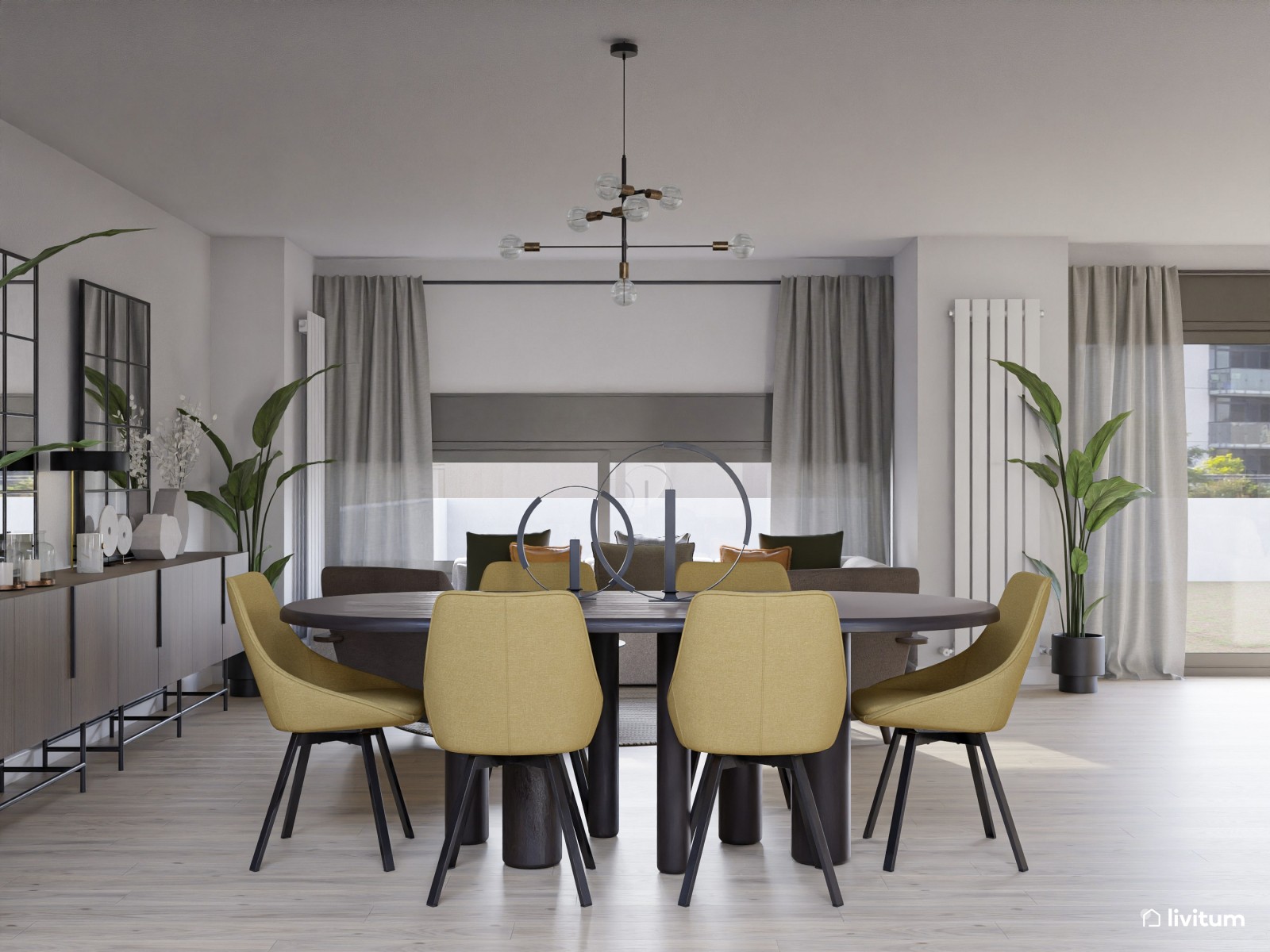 Salón comedor moderno con dos zonas de descanso en madera de nogal y detalles mostaza