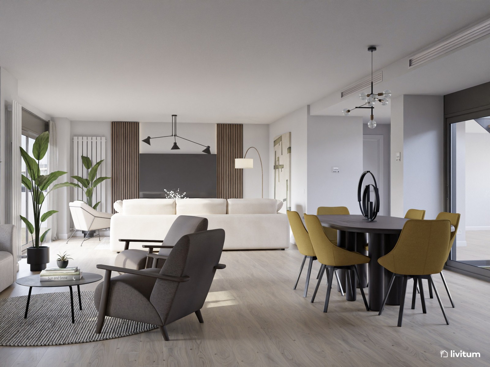 Salón comedor moderno con dos zonas de descanso en madera de nogal y detalles mostaza