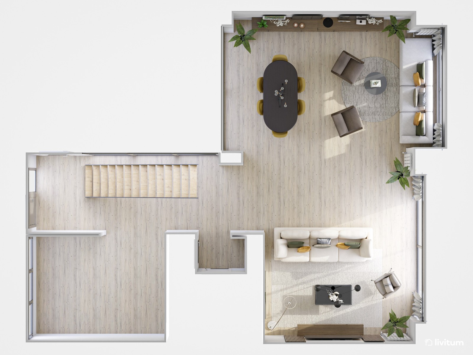 Salón comedor moderno con dos zonas de descanso en madera de nogal y detalles mostaza