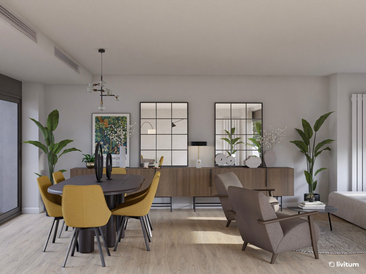 Salón comedor moderno con dos zonas de descanso en madera de nogal y detalles mostaza