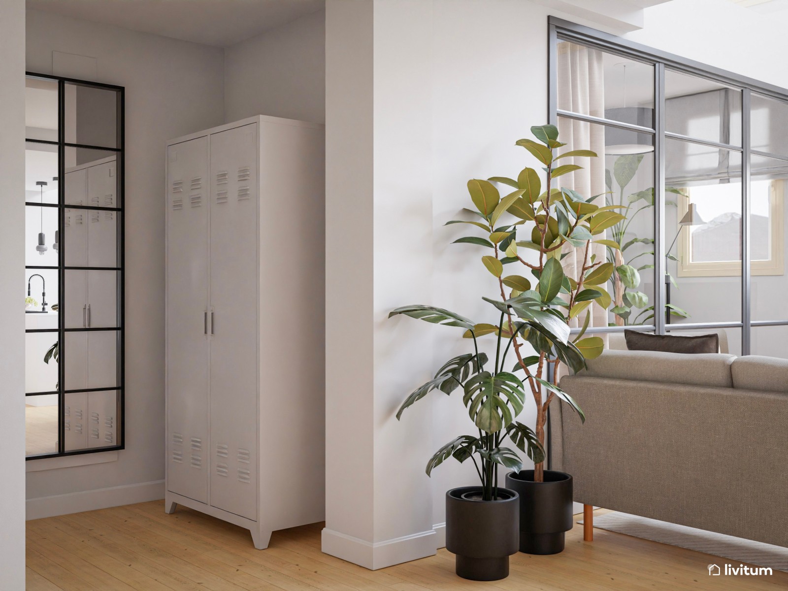   Salón comedor moderno con elegante cristalera como separador