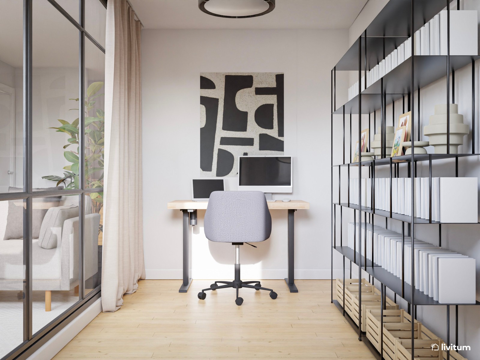   Salón comedor moderno con elegante cristalera como separador