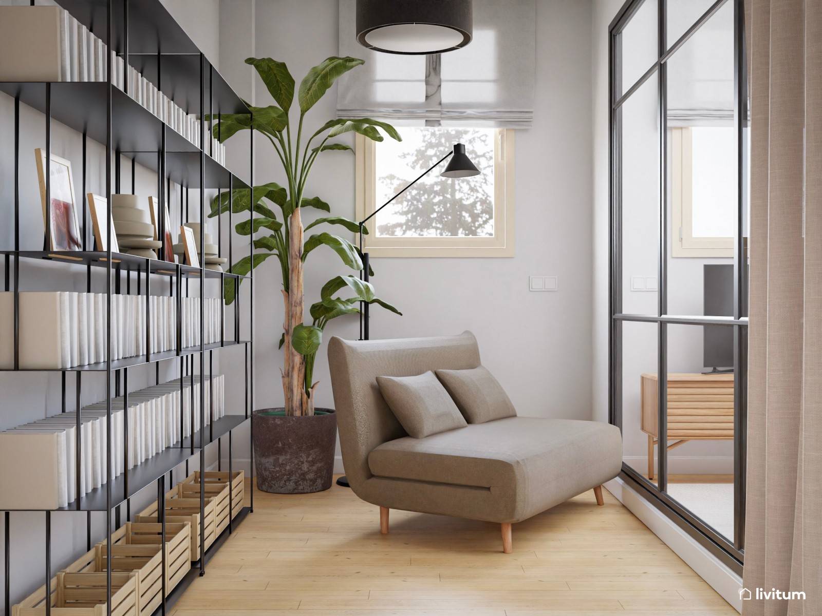   Salón comedor moderno con elegante cristalera como separador