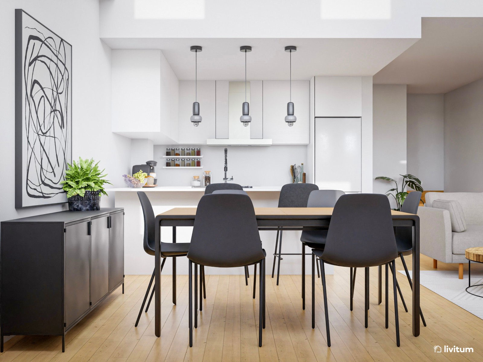   Salón comedor moderno con elegante cristalera como separador