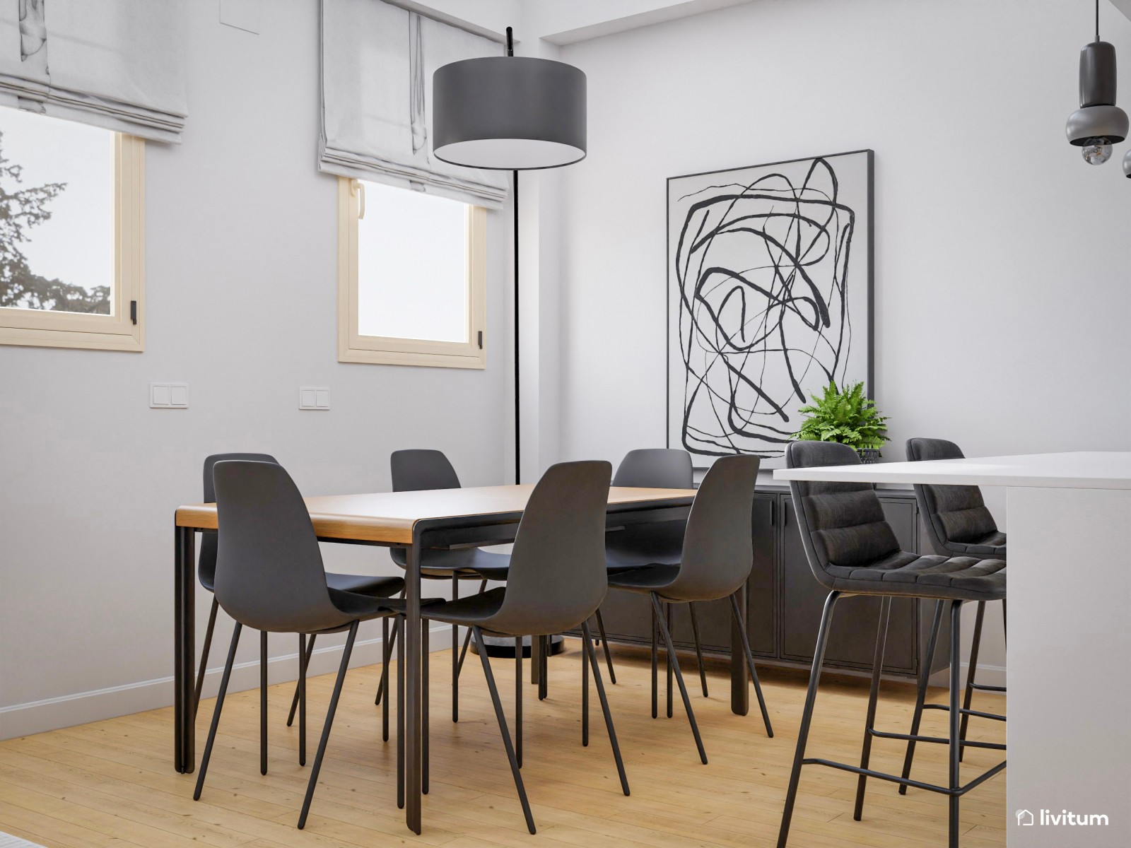   Salón comedor moderno con elegante cristalera como separador