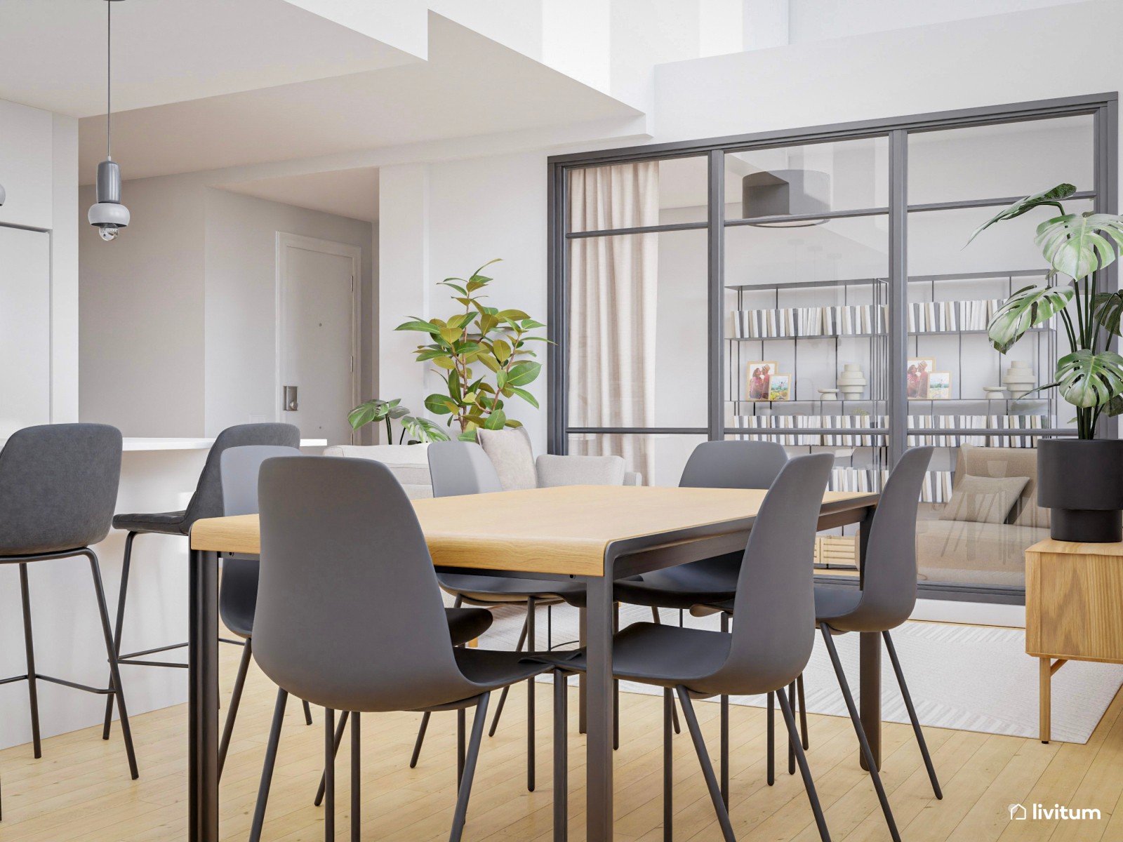   Salón comedor moderno con elegante cristalera como separador