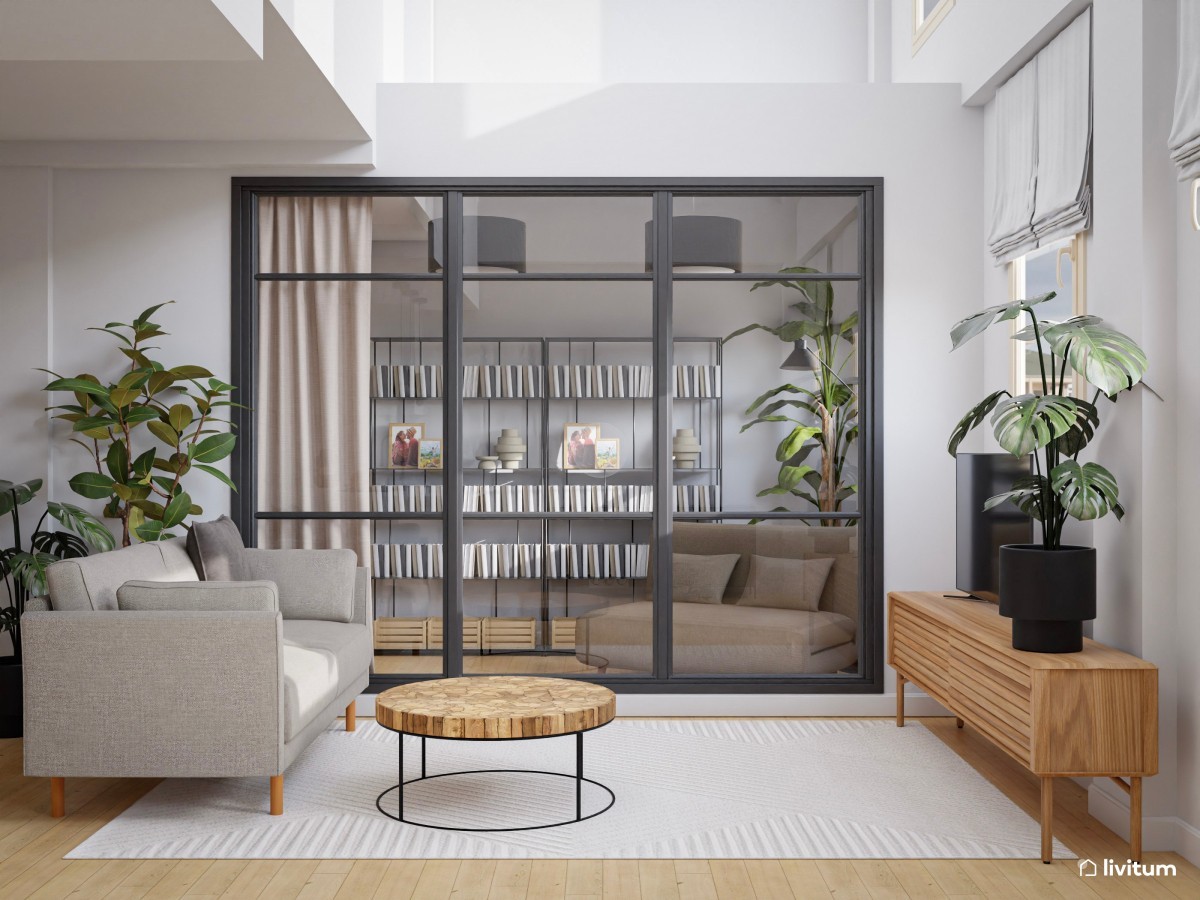 Salón comedor moderno con elegante cristalera como separador