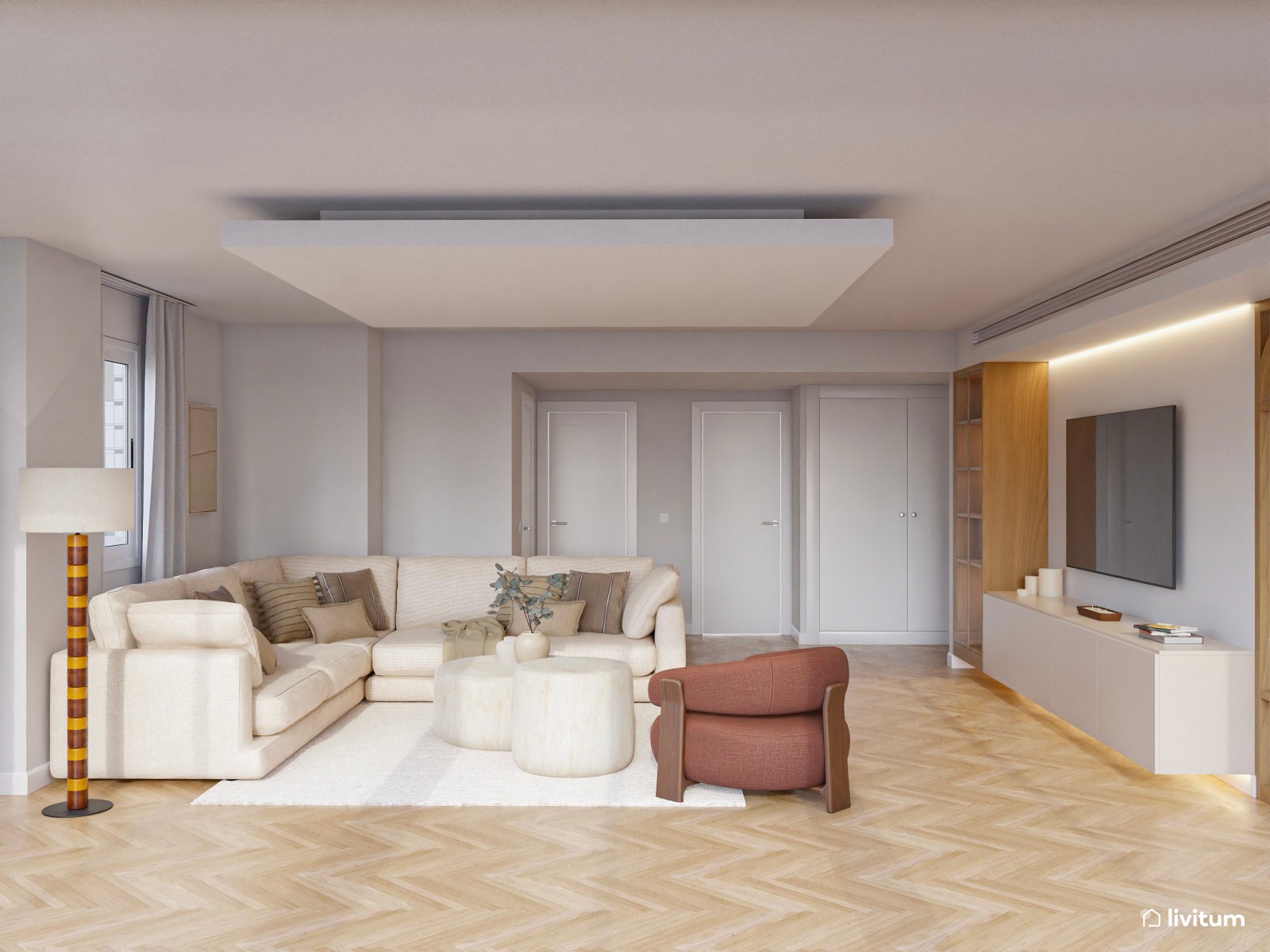 Salón comedor moderno con elementos bold, terracota y elegante cocina abierta 