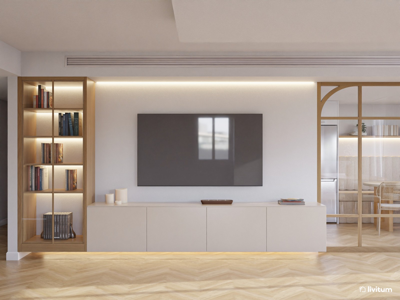 Salón comedor moderno con elementos bold, terracota y elegante cocina abierta 