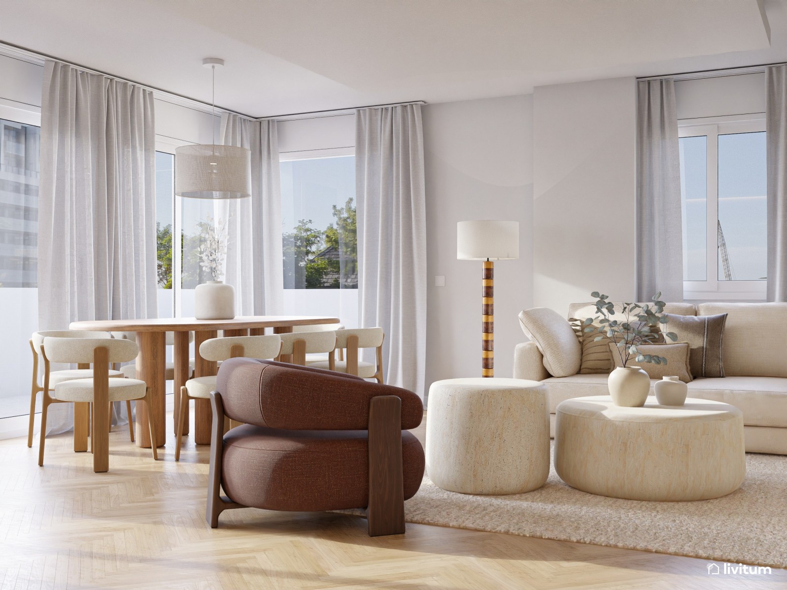 Salón comedor moderno con elementos bold, terracota y elegante cocina abierta 