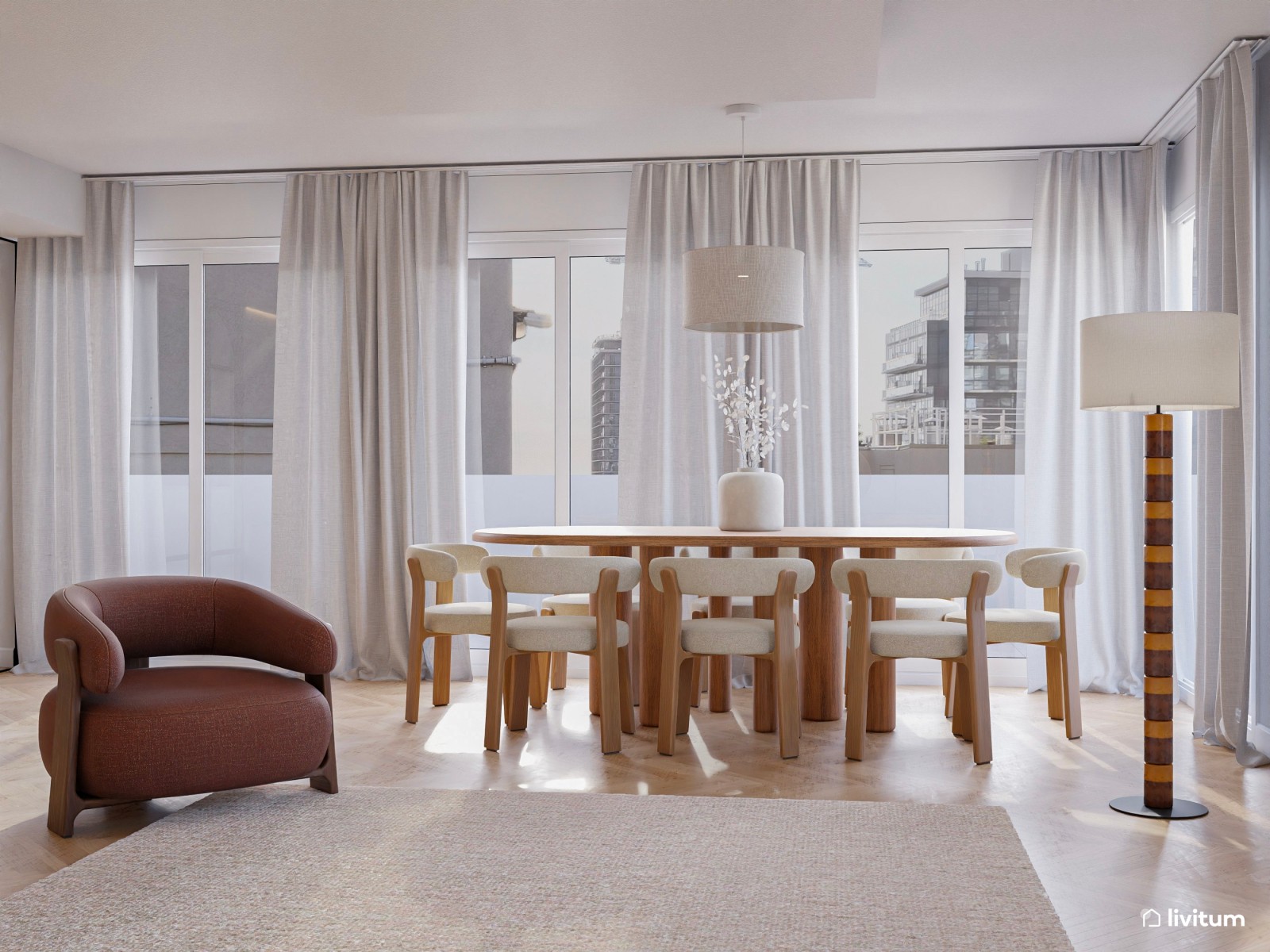 Salón comedor moderno con elementos bold, terracota y elegante cocina abierta 