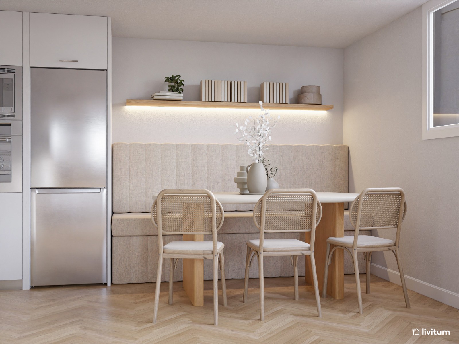 Salón comedor moderno con elementos bold, terracota y elegante cocina abierta 