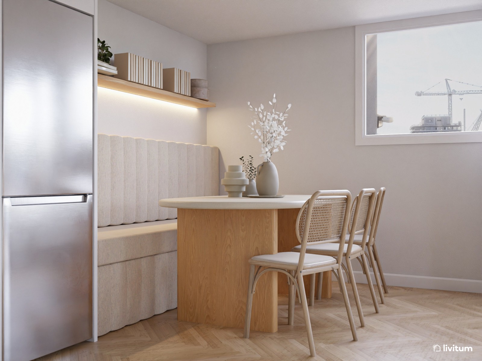 Salón comedor moderno con elementos bold, terracota y elegante cocina abierta 