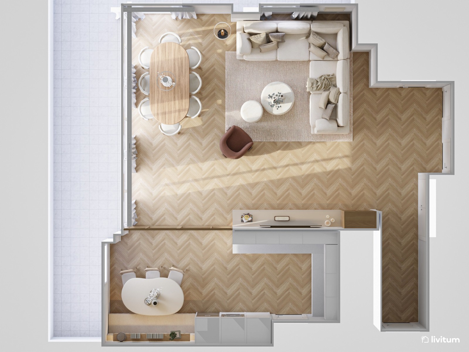 Salón comedor moderno con elementos bold, terracota y elegante cocina abierta 