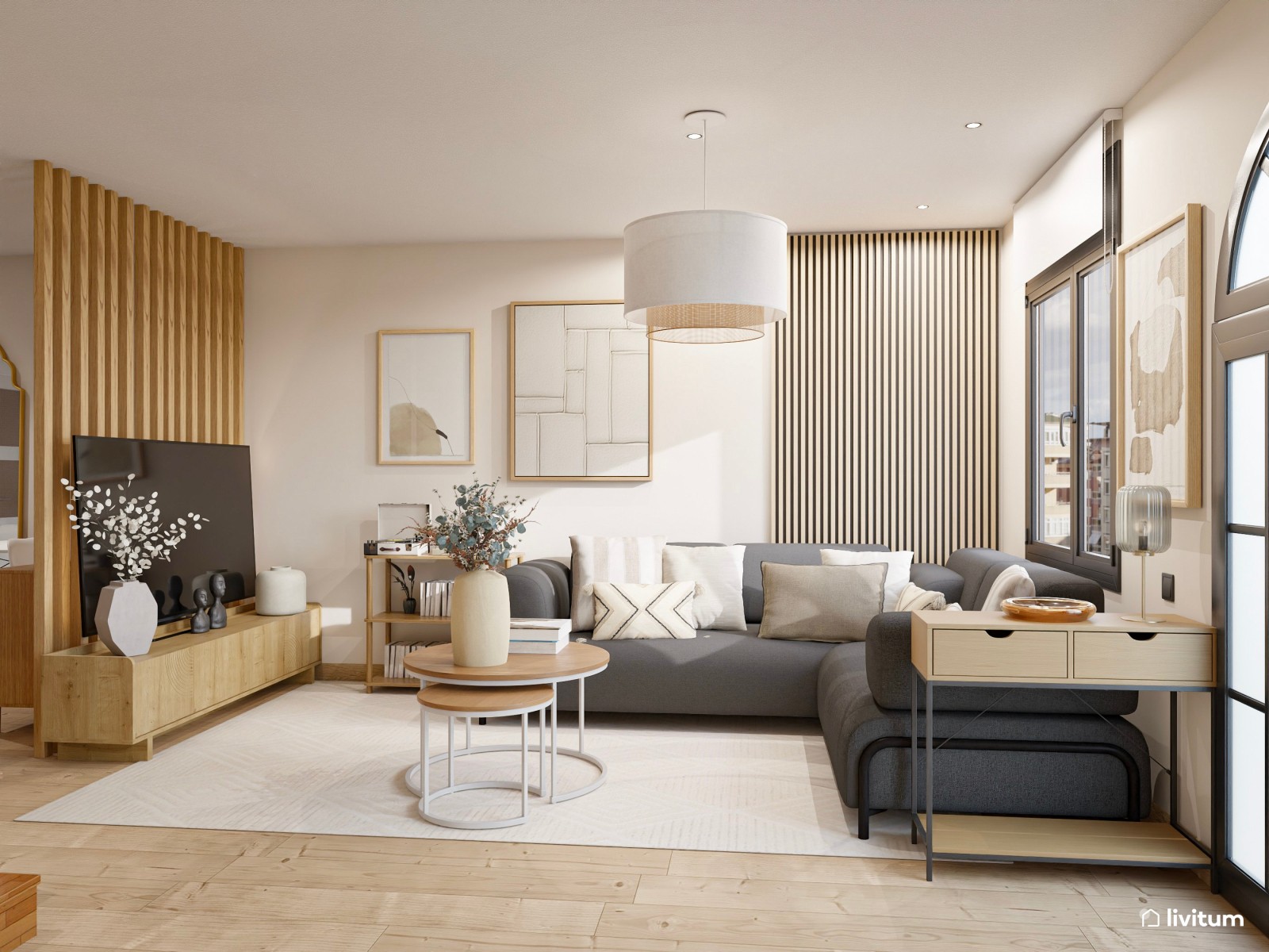 Salón comedor moderno con escritorio separado por unos listones de madera