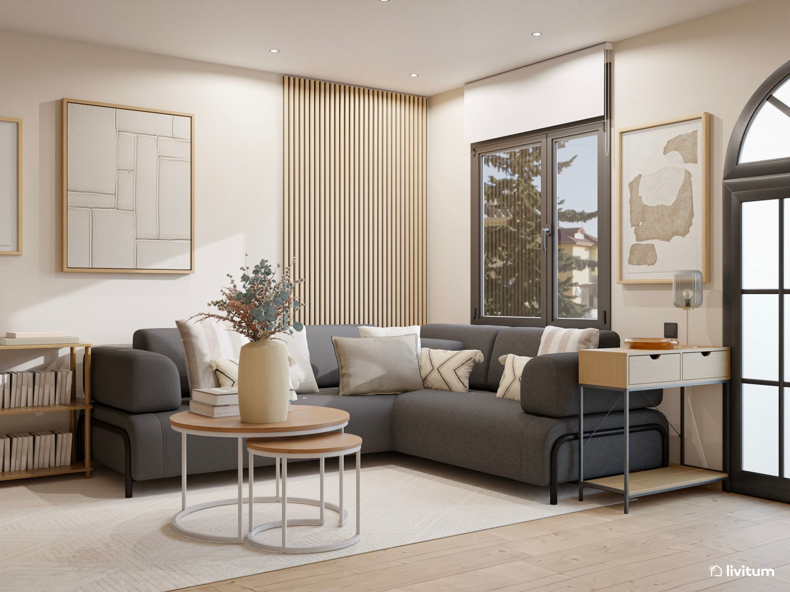 Salón comedor moderno con escritorio separado por unos listones de madera