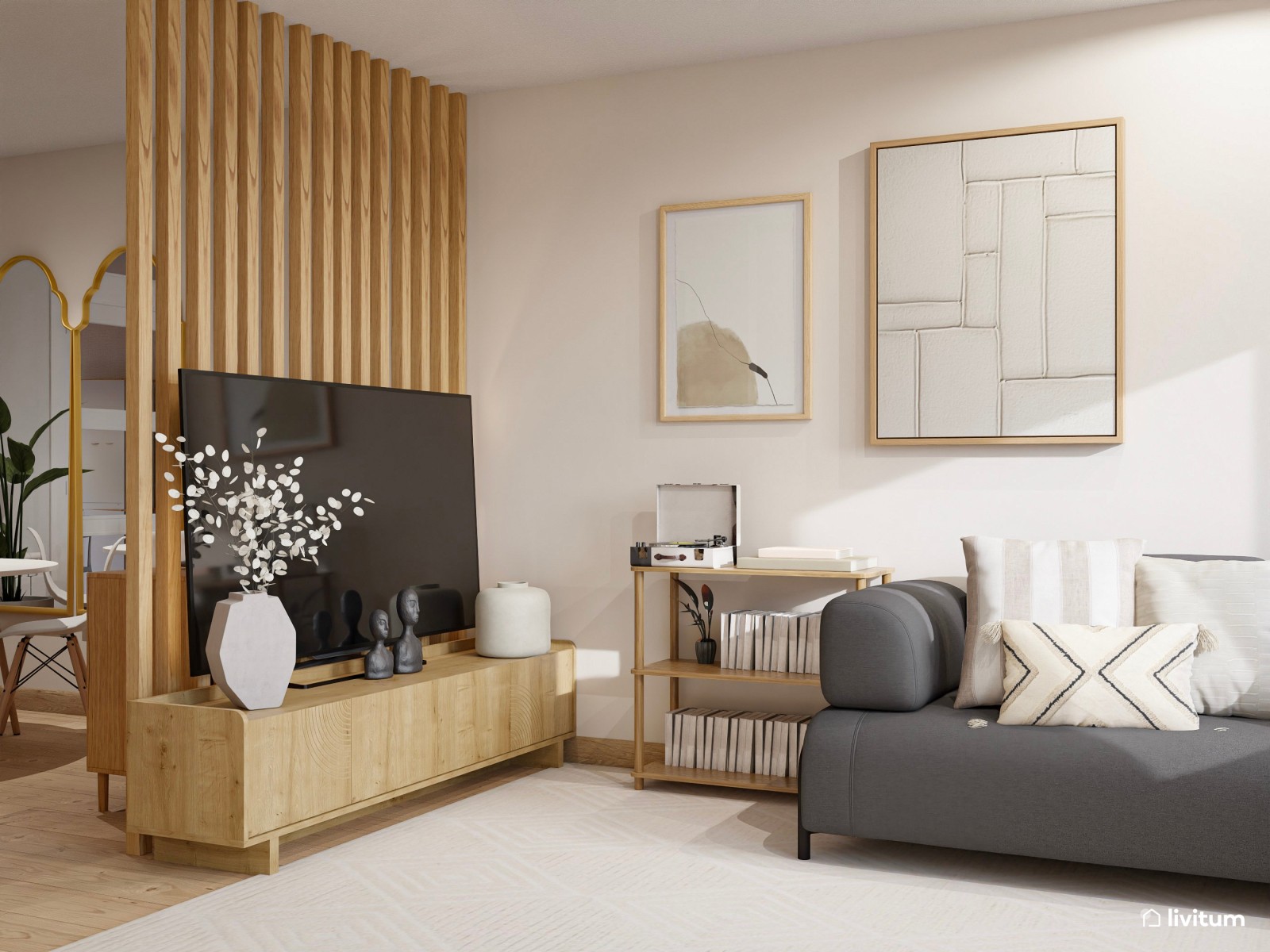 Salón comedor moderno con escritorio separado por unos listones de madera